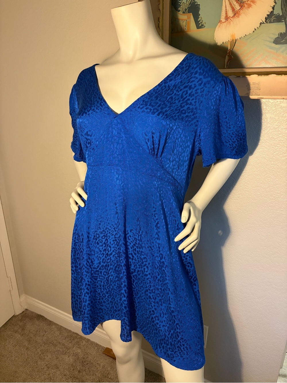 Motel Rocks Cobalt Blue Leopard Jacquard Mini Dress Size Large V-Neck Party